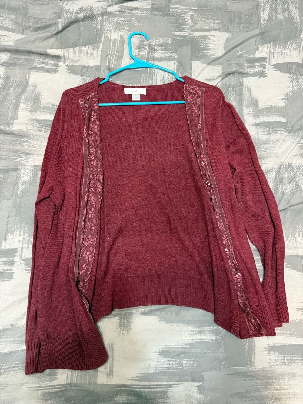 CJ Banks Women's Burgundy Lace-Trim Open-Front Cardigan